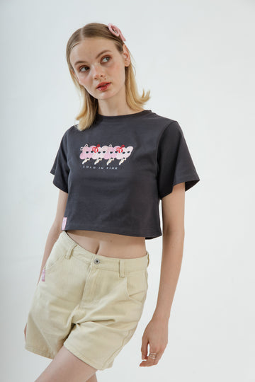 LULU In Pink Embroidery Crop Tee (Grey)