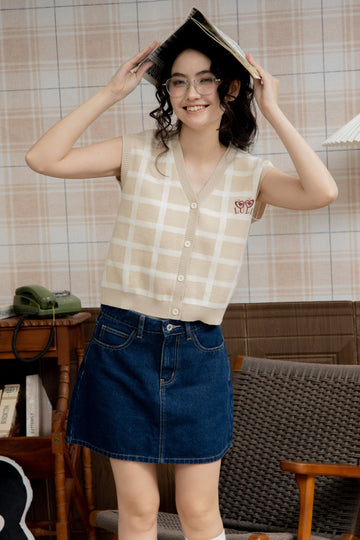 LULU Checked V-Neck Knit Vest (Beige)