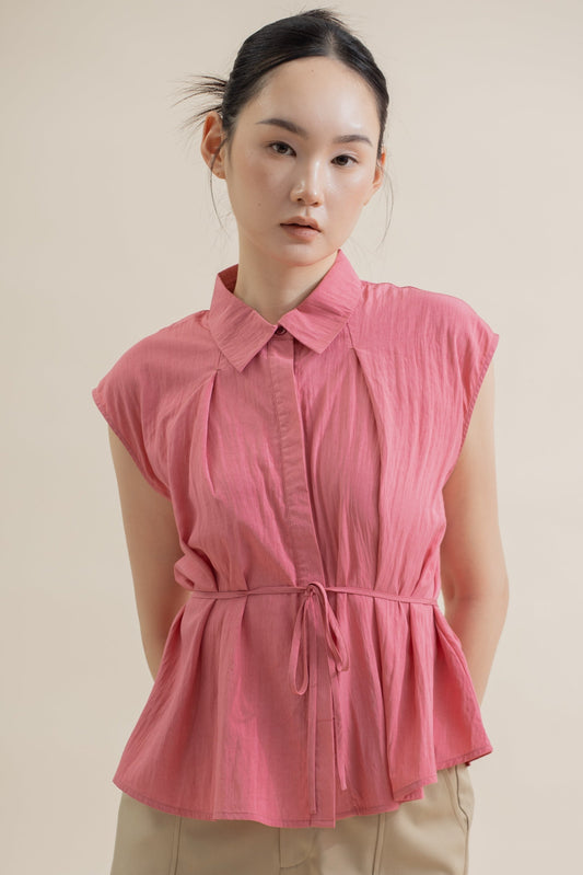 Front Pleated Collared Sleeveless Top (Pink)