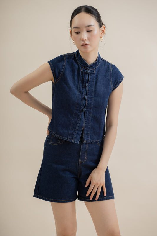 Knotted Denim Cheongsam Top (Dark Denim)
