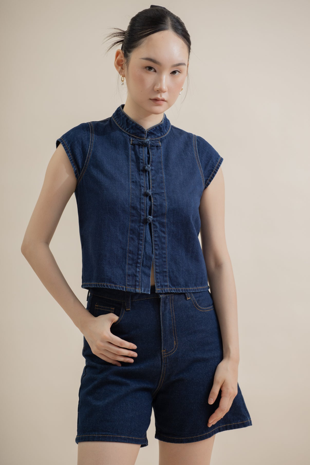 Knotted Denim Cheongsam Top (Dark Denim)