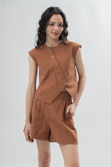 Diagonal Cut Button Sleeveless Top (Brown)