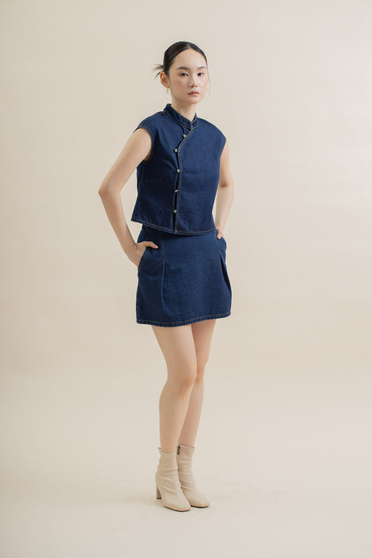 Floral Jade Button Denim Cheongsam Top (Dark Denim)