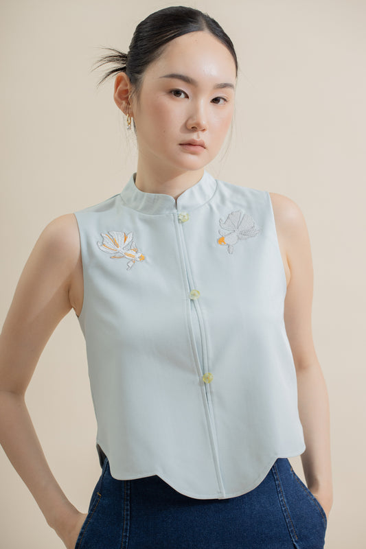 Goldfish Embroidery Sleeveless Cheongsam Top (Blue)
