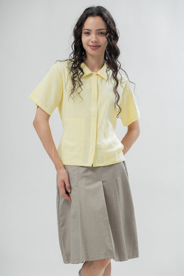 Summer Back-Tie Short Sleeve Blouse (Pastel Yellow)