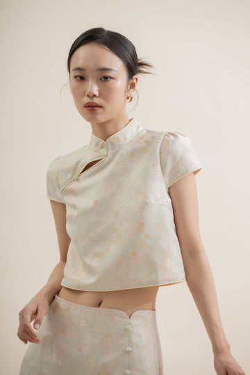 Pastel Gleam Floral Cheongsam Top (Beige Yellow)