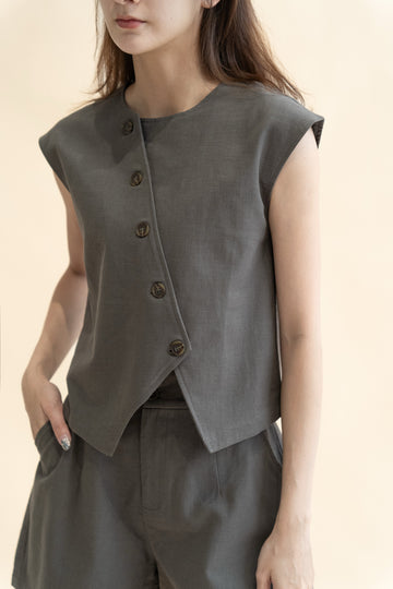 Diagonal Cut Button Sleeveless Top (Grey)