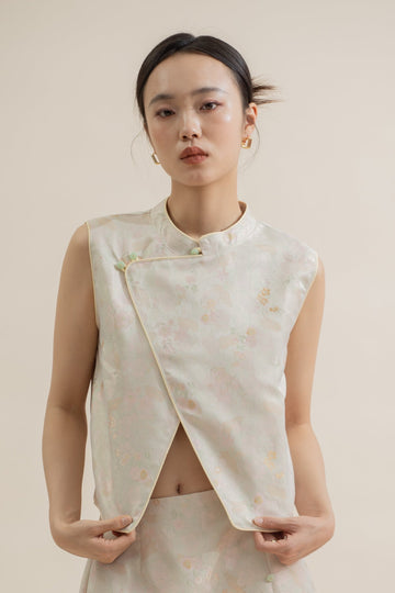 Pastel Gleam Floral Overlap Cheongsam Top (Beige Yellow)