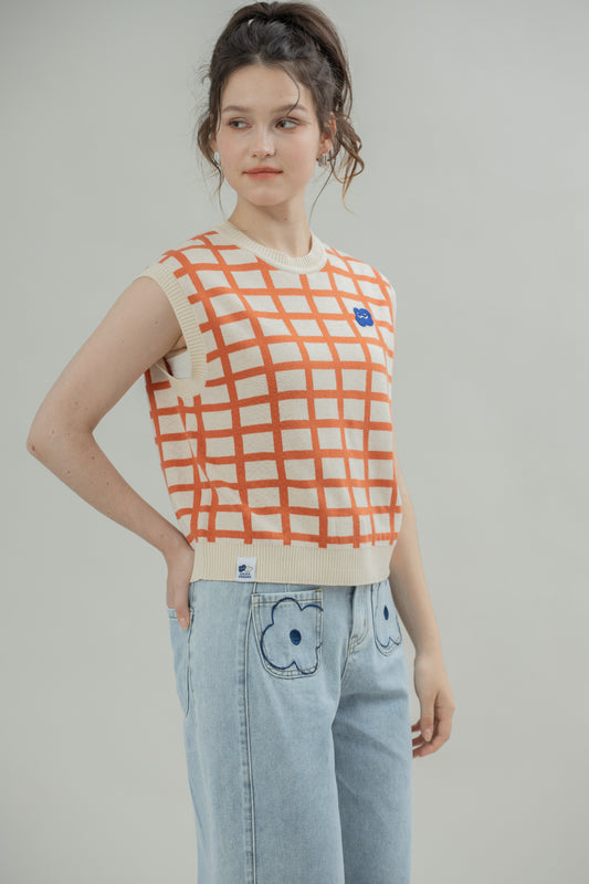 LULU Checkered Knit Vest (Orange Checks)