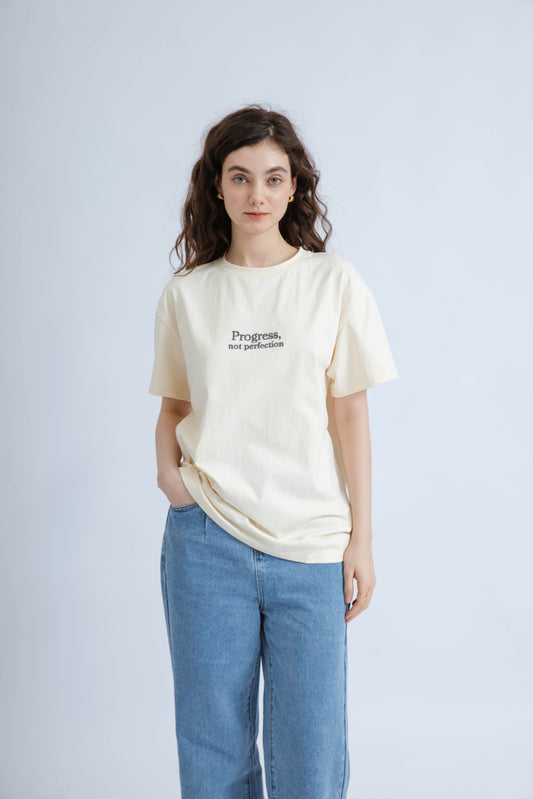 Progress Not Perfection Embroidery Tee (Beige)