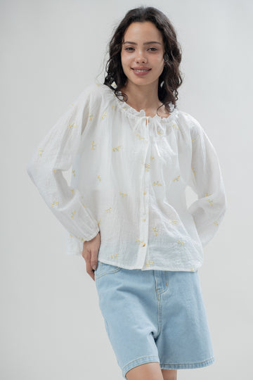 Caulie Floral Embroidery Sheer Button Blouse (Ivory)