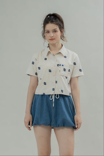 LULU Blooming Embroidery Short Sleeve Shirt (Beige)