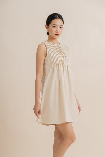 Sleeveless Pintuck Ribbon Front-Tie Dress (Khaki)