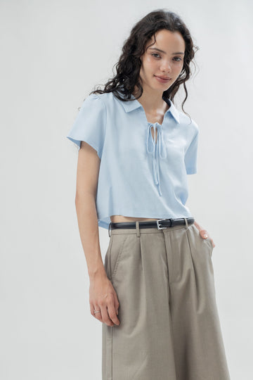 Ribbon Short Sleeve Linen Top (Pastel Blue)