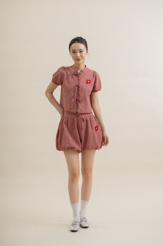 LULU Plaid Ribbon Short Sleeve Top (Red Plaid)