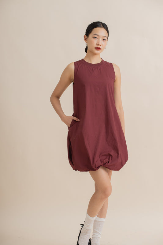 Puffy Sleeveless Mini Dress (Maroon)