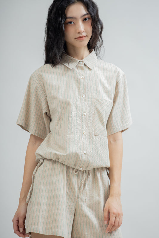 Finley Drawstring Hem Stripes Shirt (Green Stripes)