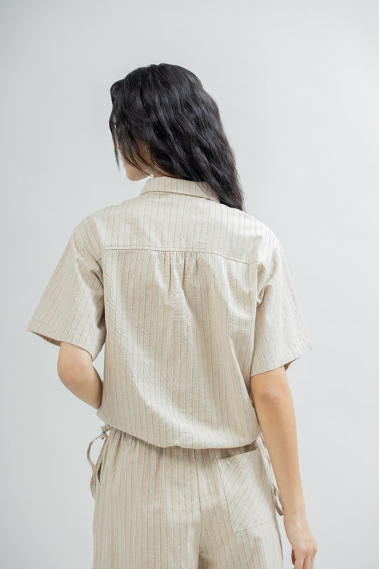 Finley Drawstring Hem Stripes Shirt (Green Stripes)