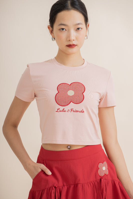 LULU Flower Embroidery Crop Tee (Pink)