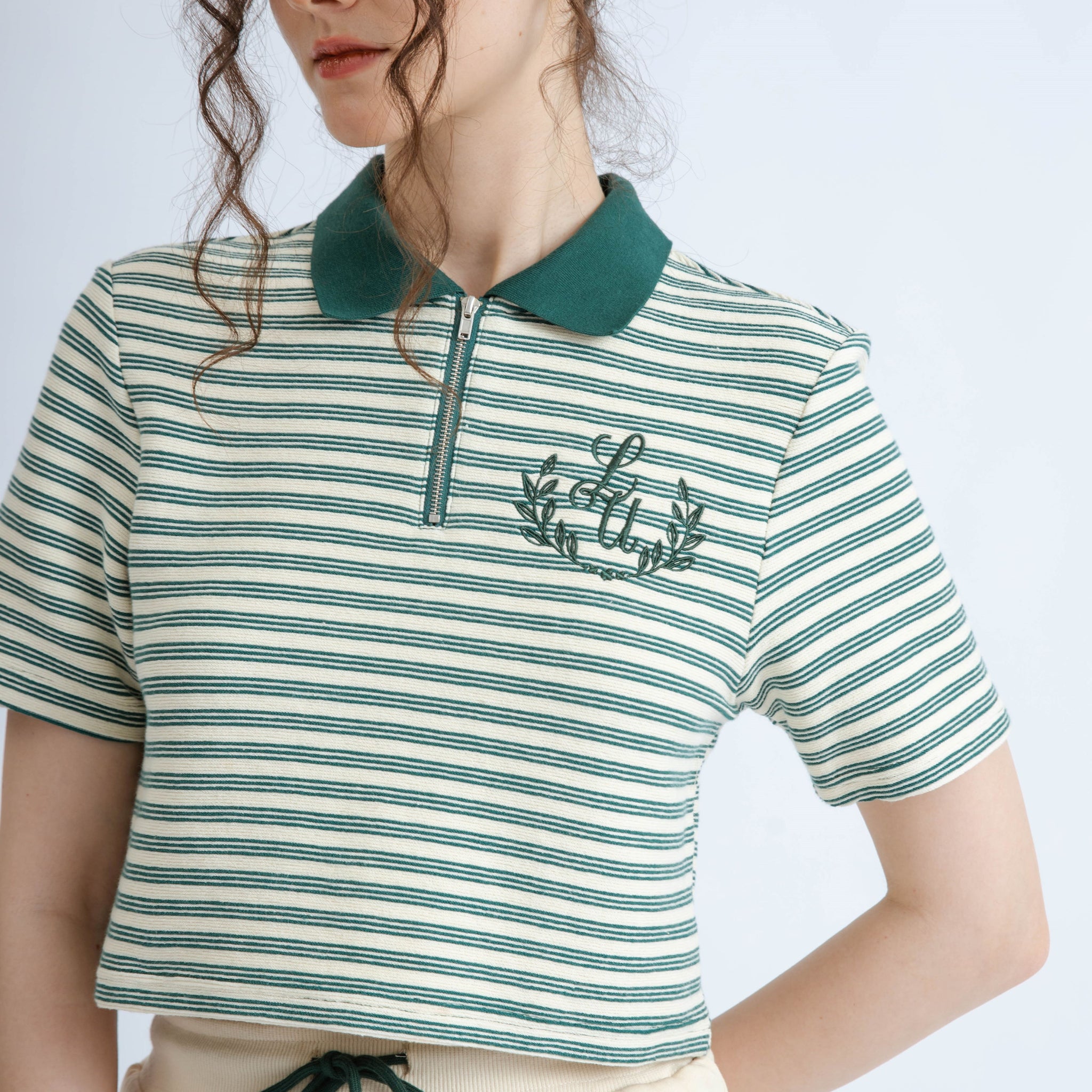 LULU Stripes Zipper Knit Polo Top (Green Stripes)