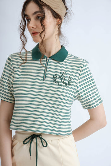 LULU Stripes Zipper Knit Polo Top (Green Stripes)