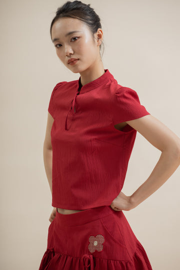 LULU Ribbon Collared Cheongsam Top (Red)