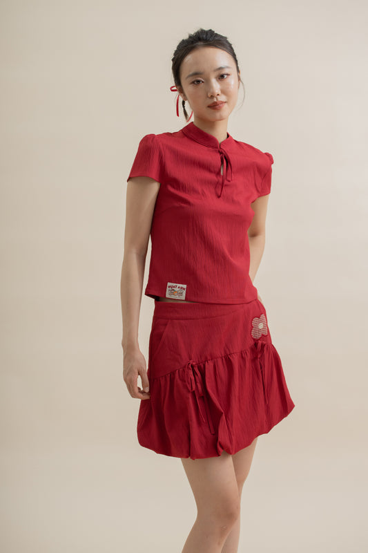 LULU Ribbon Collared Cheongsam Top (Red)