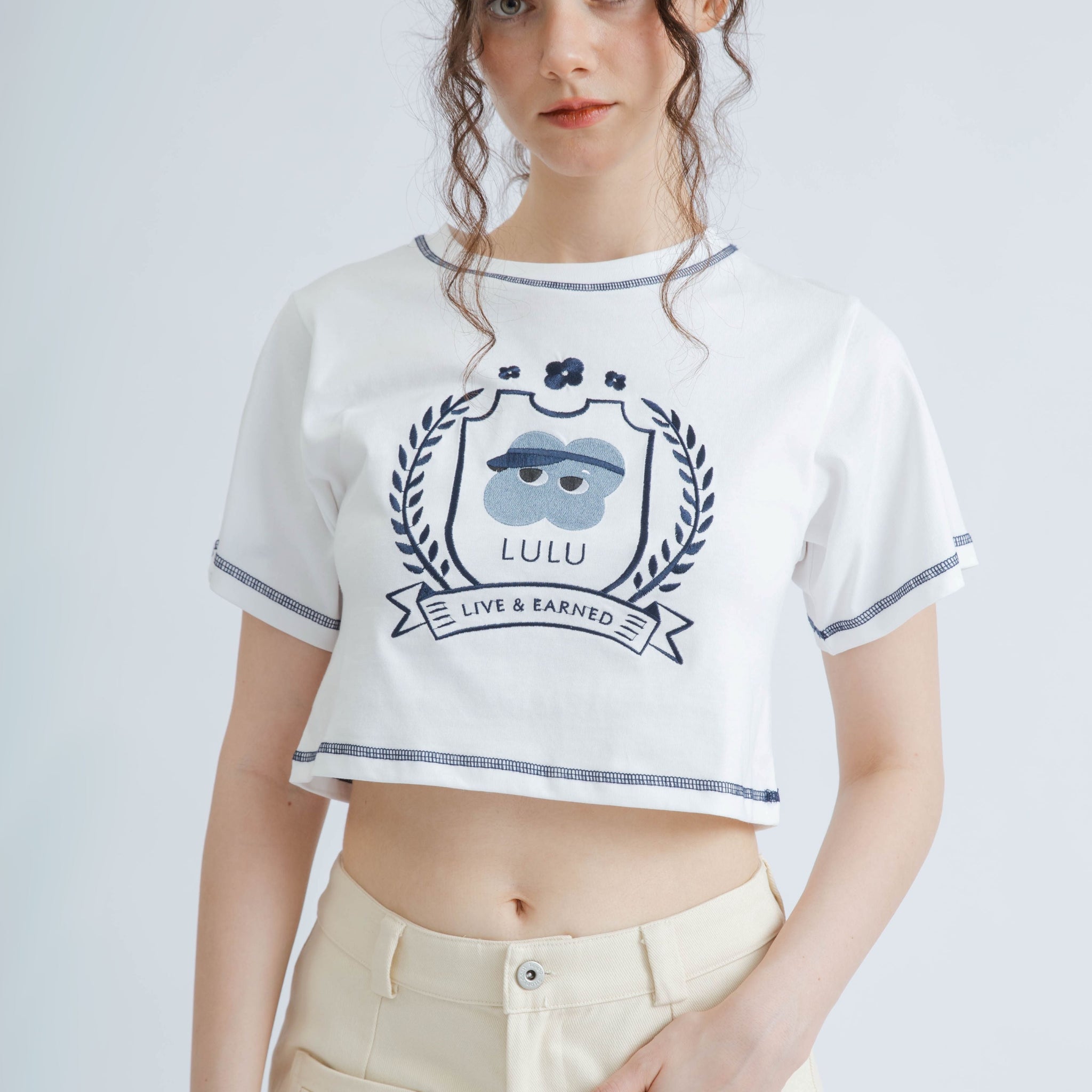 LULU Contrast Thread Embroidery Crop Tee (Ivory)