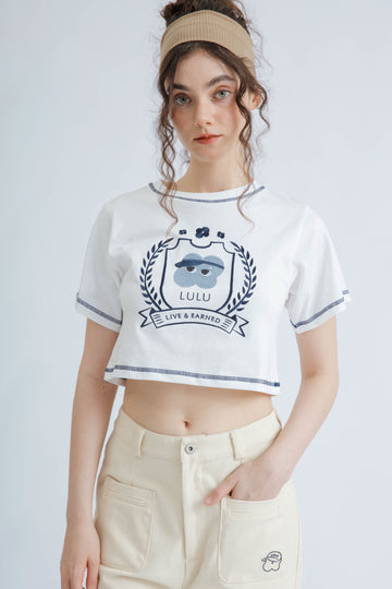 LULU Contrast Thread Embroidery Crop Tee (Ivory)