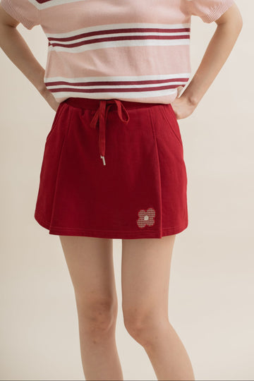 LULU Flower Embroidery Drawstring Skirt (Red)