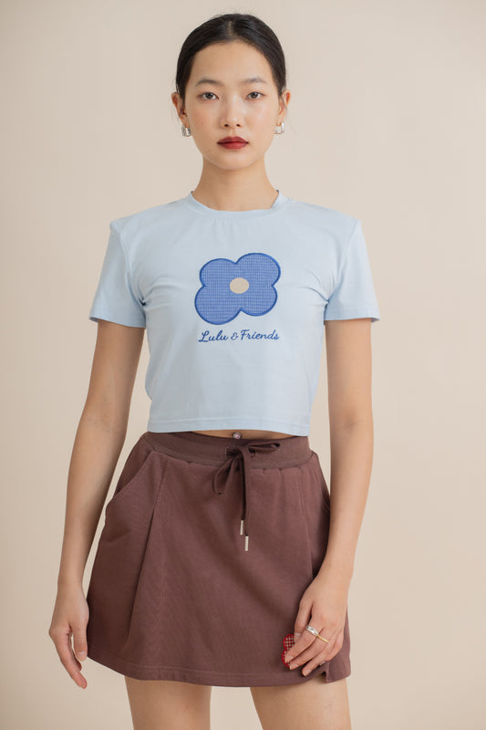 LULU Flower Embroidery Crop Tee (Blue)