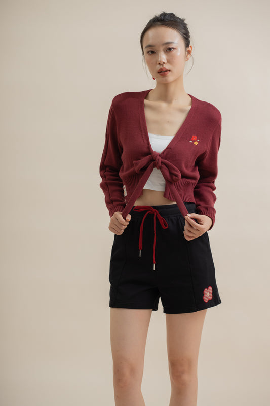 LULU Ribbon-Tie Twisted Sleeve Cardigan (Red)