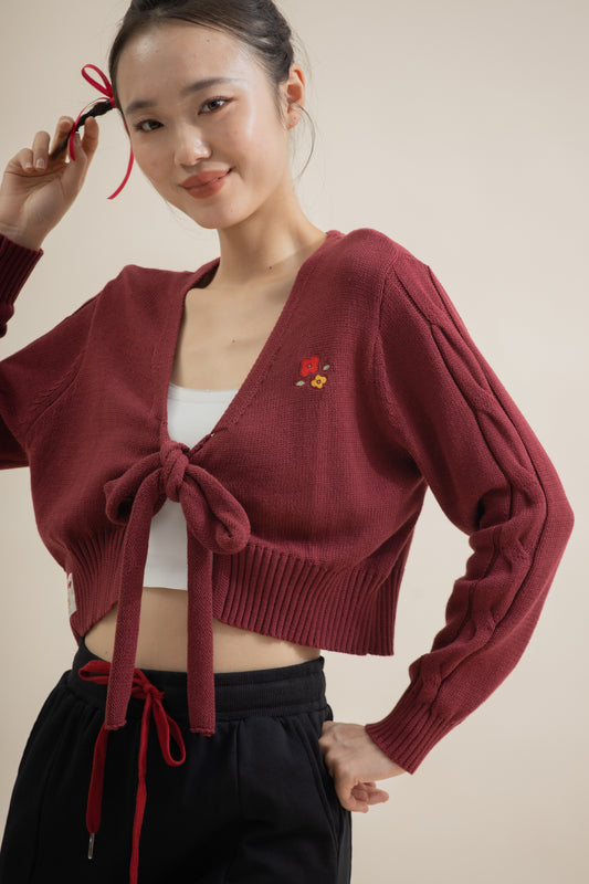 LULU Ribbon-Tie Twisted Sleeve Cardigan (Red)
