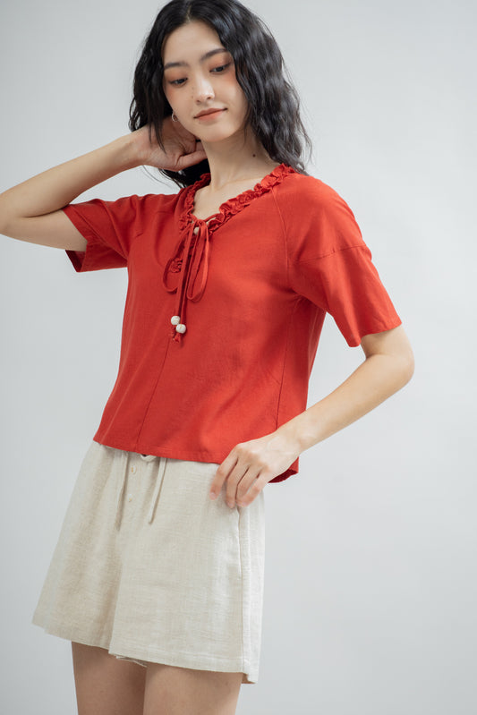 Sierra Ruffled V Neck Blouse (Red)