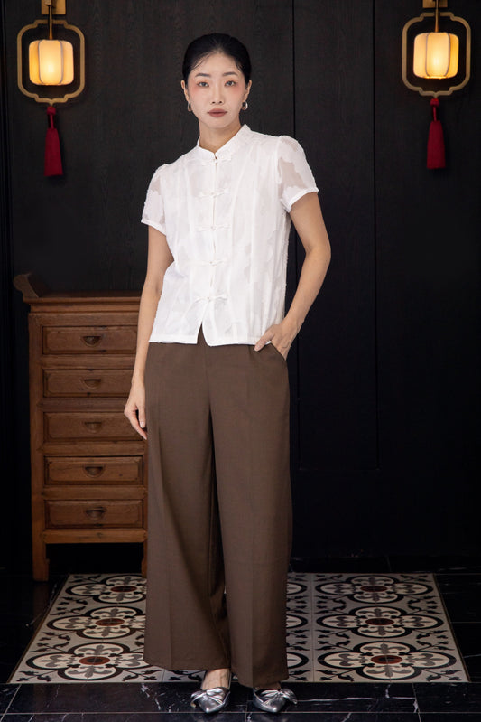 Pure Elegance Chiffon Embroidery Cheongsam Top (White)