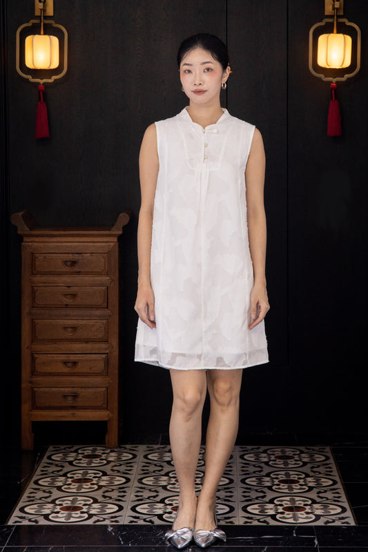 Pure Elegance Chiffon Embroidery Cheongsam Dress (White)