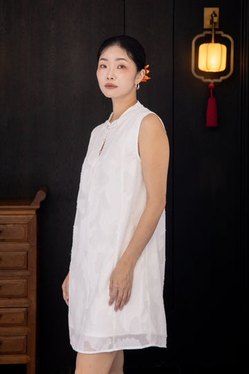 Pure Elegance Chiffon Embroidery Cheongsam Dress (White)