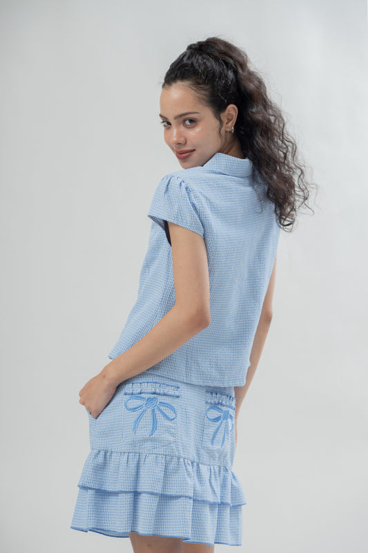 LULU Gingham Bow-Button Blouse (Light Blue)