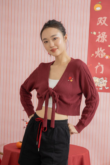 LULU Ribbon-Tie Twisted Sleeve Cardigan (Red)