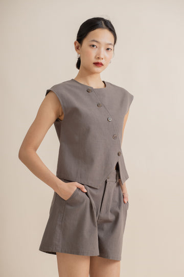 Diagonal Cut Button Sleeveless Top (Grey)