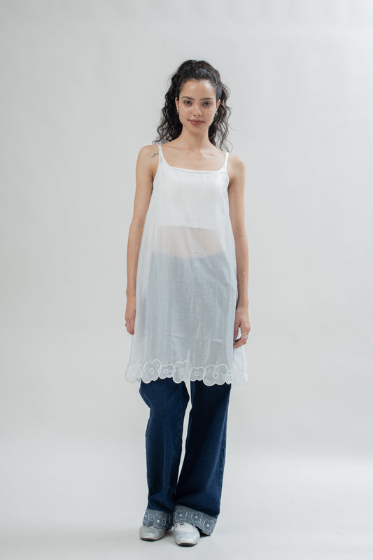 LULU Sheer Floral Trim Strappy Dress (Ivory)