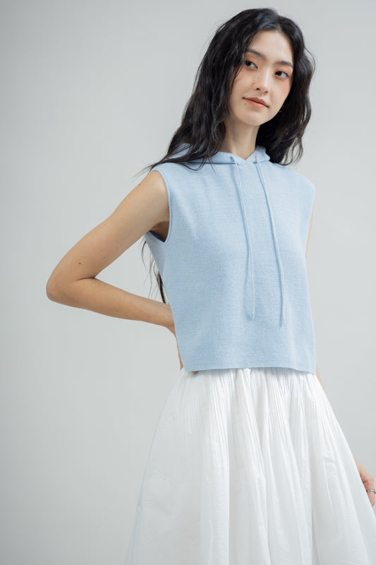Hooded Sleeveless Knit Top (Pastel Blue)