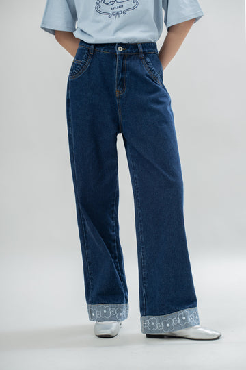 LULU Embroidered Floral Trim Jeans (Dark Denim)