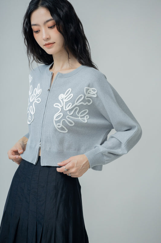 Rope Embroidery Zipper Knit Cardigan (Grey)