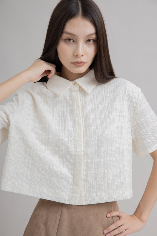 Texture Checkered Short Sleeve Top (Beige)