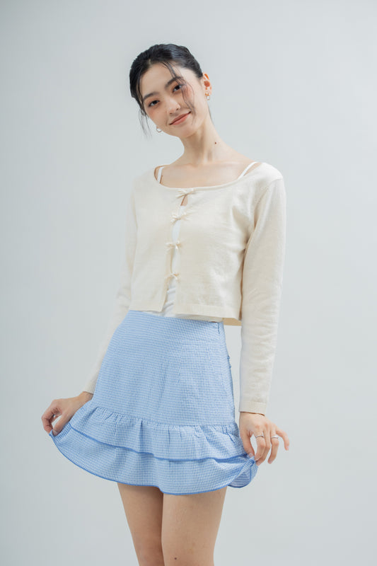 LULU Wide Neckline Ribbon Cardigan (Beige)