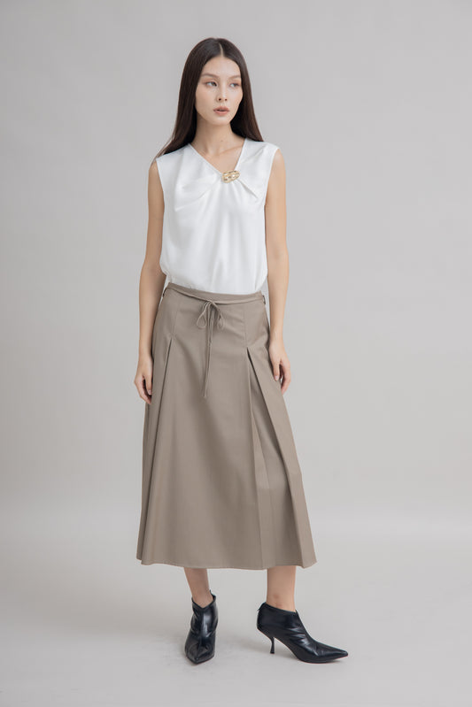 Ribbon-Tie Pleated Long Skirt (Khaki Brown)