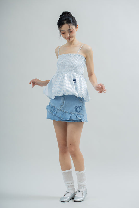 LULU Stripes Embroidery Bubble Hem Top (Blue Stripes)