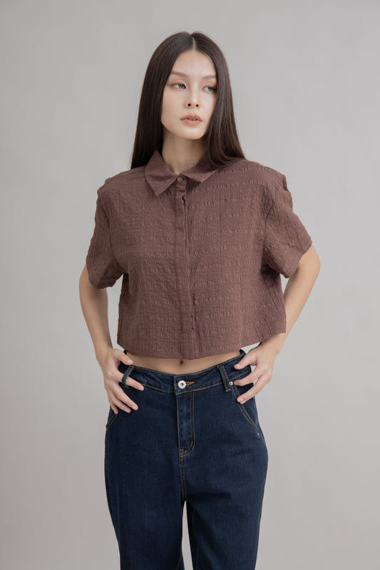 Texture Checkered Short Sleeve Top (Brown)