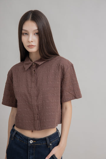 Texture Checkered Short Sleeve Top (Brown)